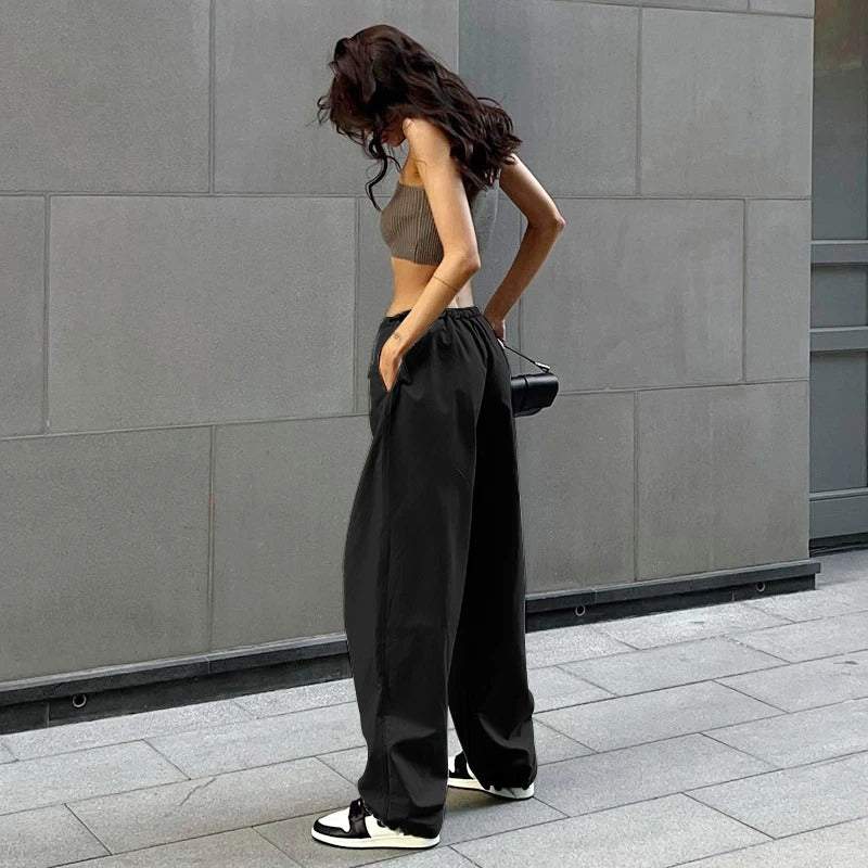 Black Parachute Pants with Adjustable Waist, Multiple Pockets, Lightweight Fabric for Casual and Urban Style-4