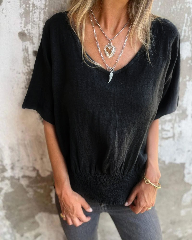 Relaxed Women's Top in Cotton Linen Blend, Flowy V-Neck Blouse for Casual Summer Style-4