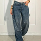 Relaxed Fit Blue Denim Straight Leg Jeans with Rhinestone Embellishments for Casual Glamour-1