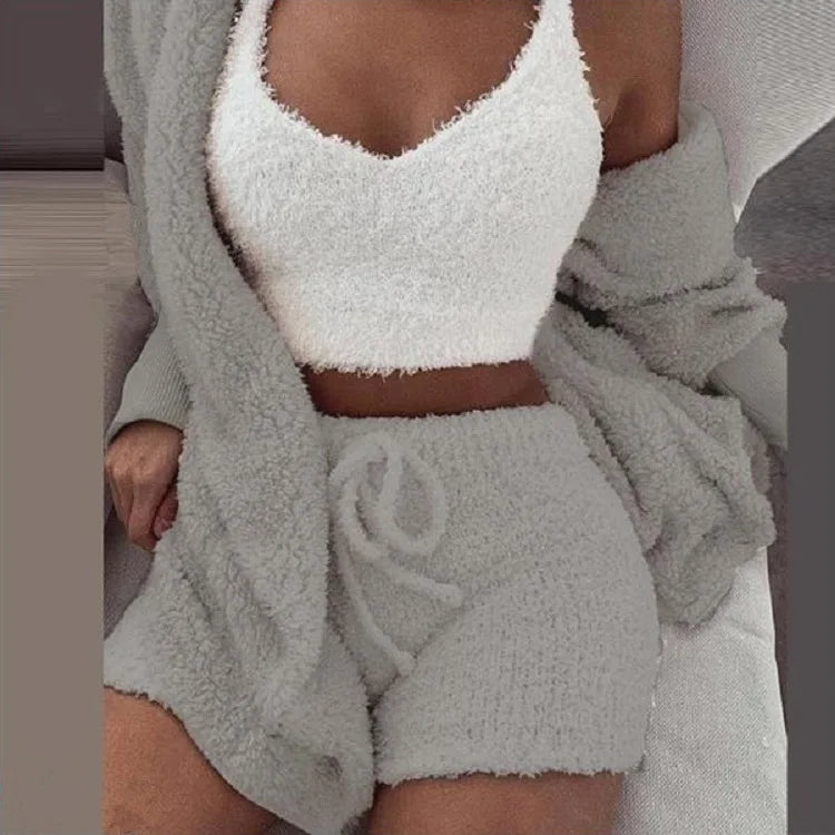 Fluffy Pajamas Kit for Women Plus Size Tank Top Shorts Winter Sleepwear