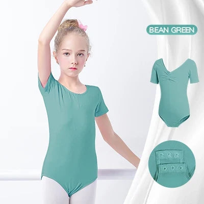 Plush girls' ballet leotard - short sleeve v-neck ruched, cotton knit, for dance practice and classic classes