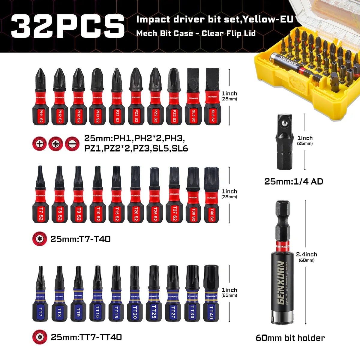 Impact Screwdriver Bits Kit S2 Steel 32Piece With Magnetic Bit Holder And Case Fall 2025 DIY Gift