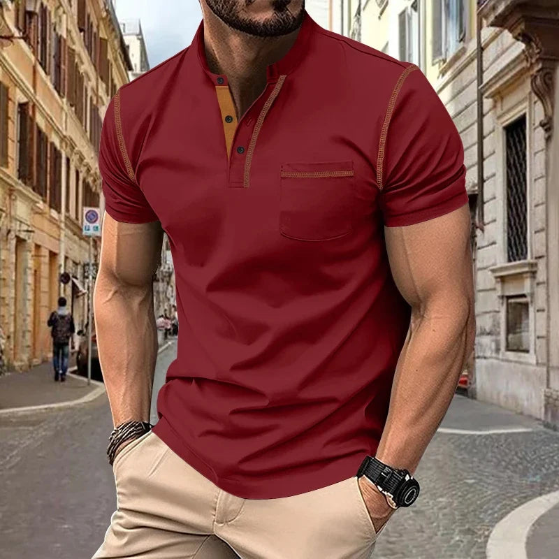 Fashion Summer European American Men's Casual Polo Shirt, Stand-Up Collar Top
