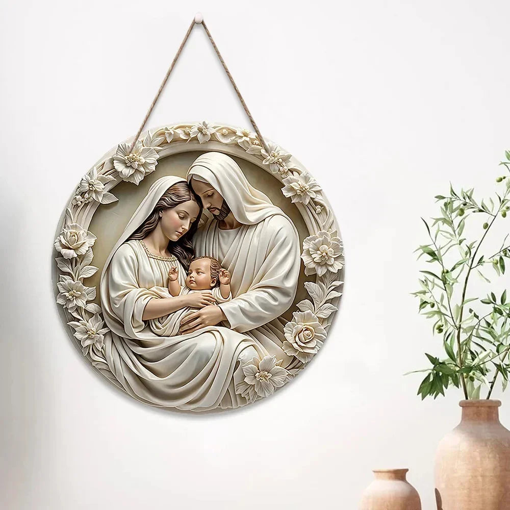 Wooden2025 Edition Nativity Scene Ornament Circular Wall Hanging 7.87in Handcrafted Mary Jesus Joseph Christmas Decor Gift