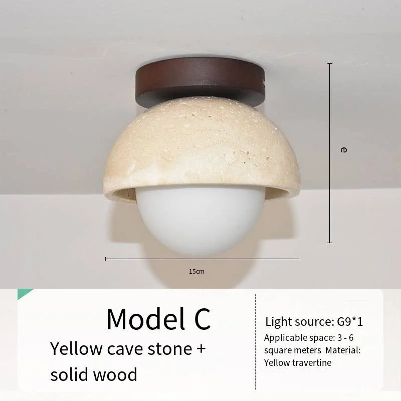 Travertine Japandi Ceiling Light Wood Cap Round Mid Century Lamp