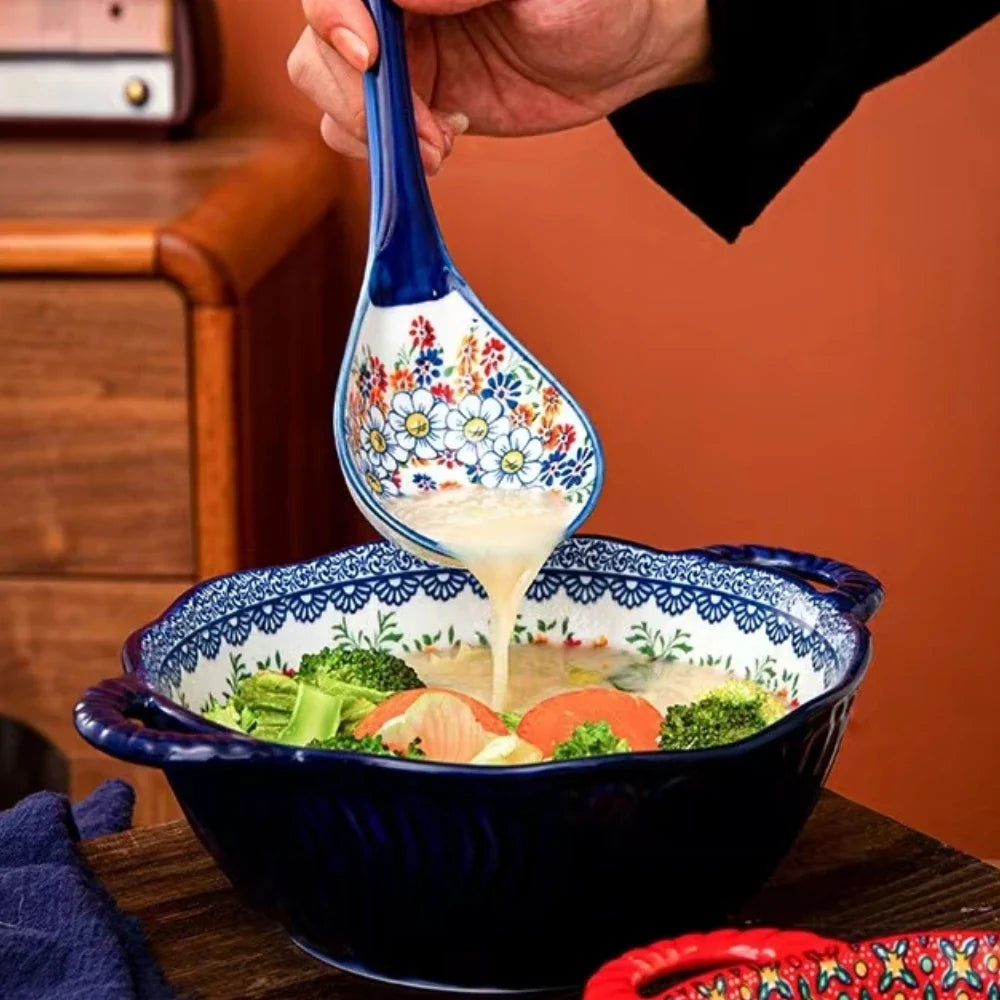 Soup Ceramic Bowl Bohemian Handle Embossed Microwave