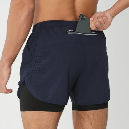 Fast-dry men's 2-in-1 running shorts - lightweight lined, polyester, for gym and summer training