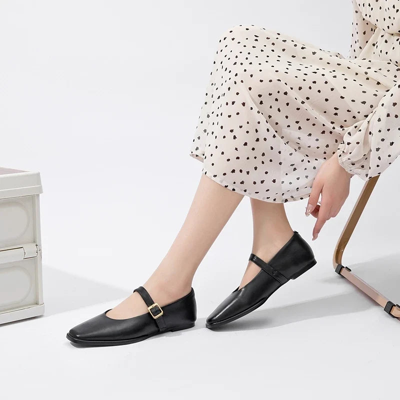Women Supportive Mary Jane Flats - Square Toe, Leather
