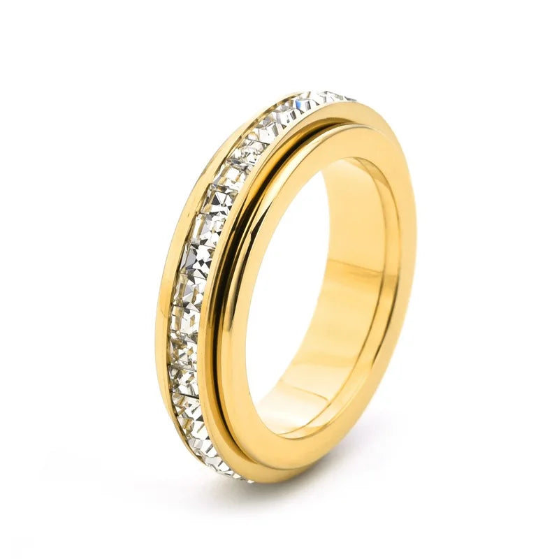 Ring2026 Edition Stainless Steel Single Row Square Zircon Rotating Ring Crystal CZ Jewelry TikTok Viral Gift Idea