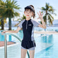 Fast-dry girls' two-piece swimsuit - zip-front rash guard top, nylon, for beach and pool