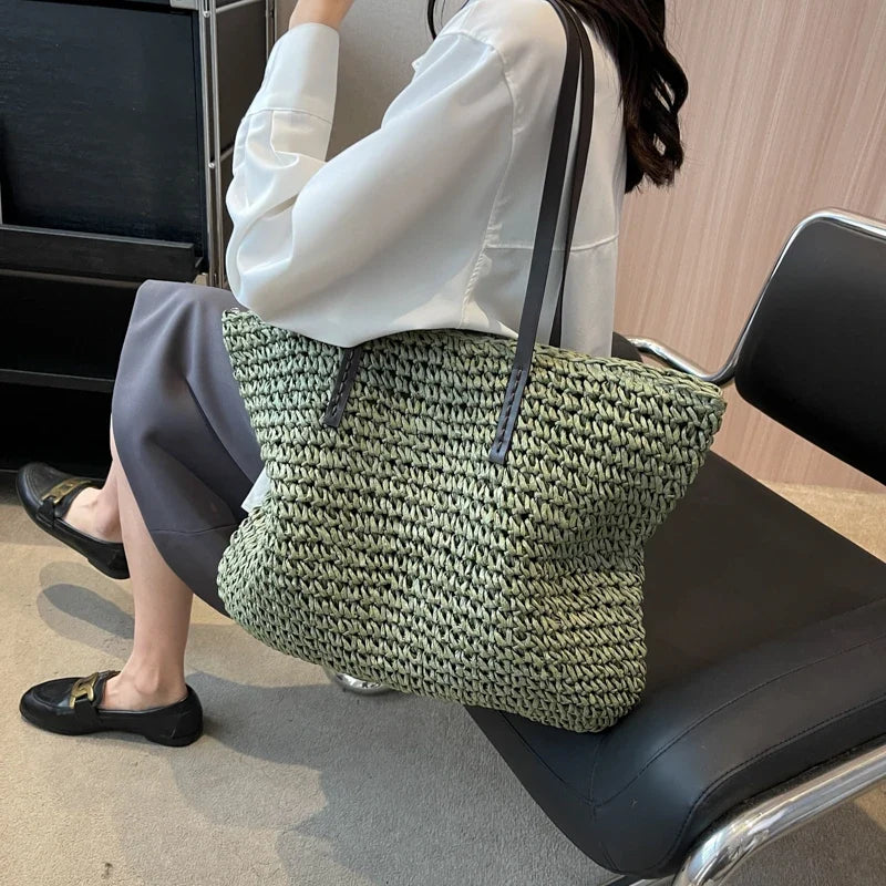 Straw Tote Bag Woven Beach Shoulder Bag Summer 2026 Large Capacity Carryall For Travel And Regular Use