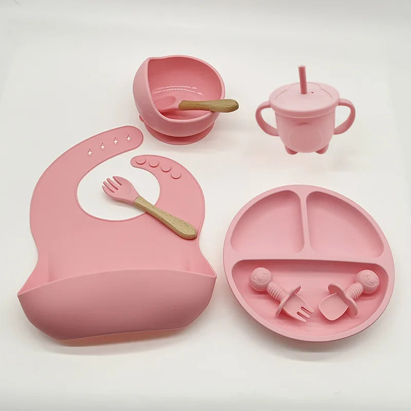 Baby Silicone Tableware Kit 8 Piece Suction Bowls Divided Plate Bib Spoon Fork Fall 2025 Self Feeding Aid