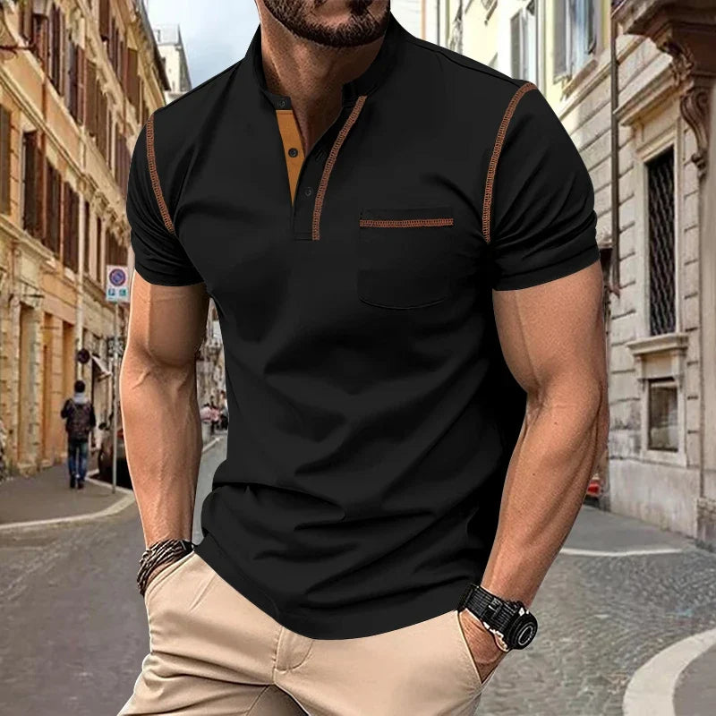 Fashion Summer European American Men's Casual Polo Shirt, Stand-Up Collar Top