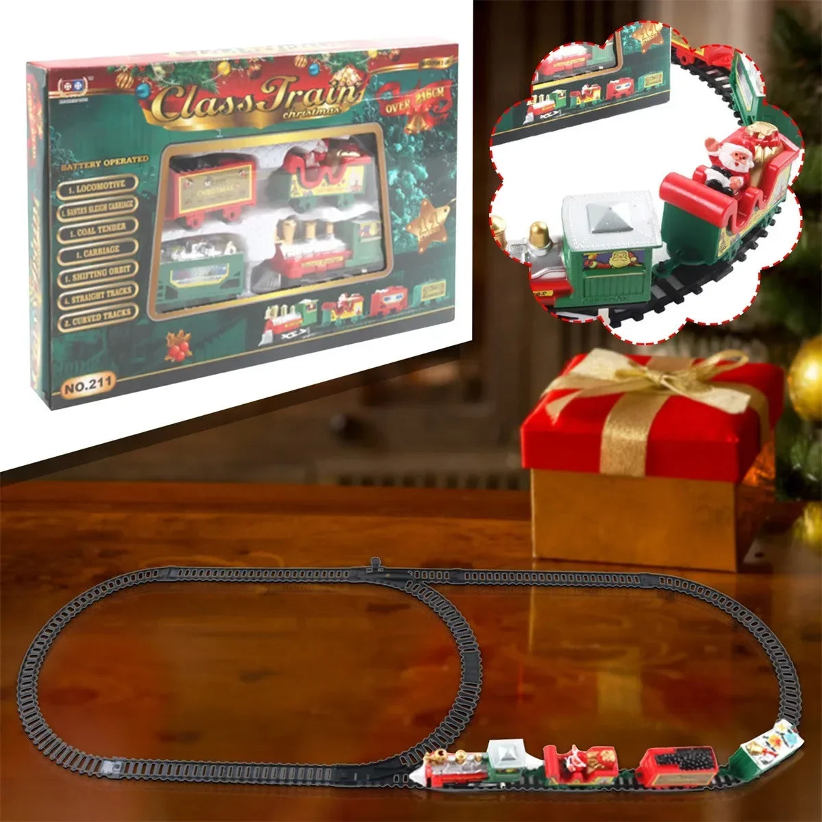 Eco-Friendly Christmas Motor-Driven Train Kit - Track for Kids, Safe Holiday Gift & Tree Decoration with Santa Theme 216cm (85 inch)