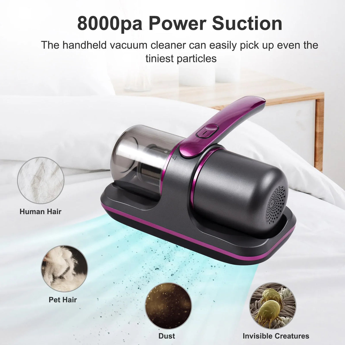 Travel-Friendly Mattress Vacuum Cleaner 100W Cordless UV Bed Cleaner 8000Pa Strong Suction