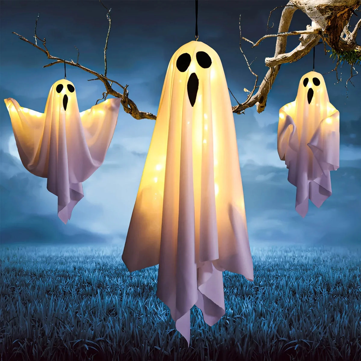 Halloween LED Ghosts 3 Piece 20 Inch Hanging Outdoor Decor Fall 2025 Warm Glowing Battery Powered Yard Display