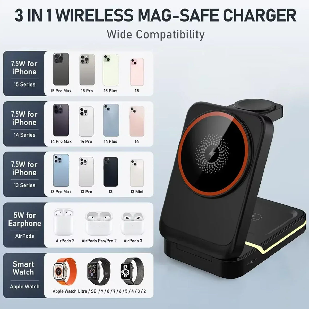 iPhone 12-16, Apple Watch, AirPods, USB-C, 15W 2026 – Foldable magnetic wireless charger
