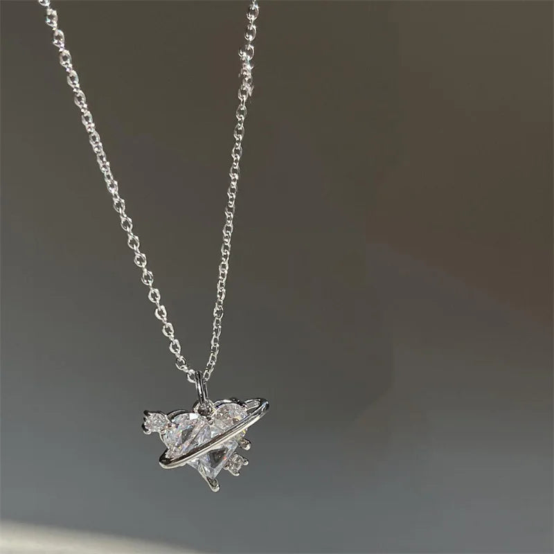 Pendant Zircon Necklace Pink Planet Heart Valentines Day Gift 2026 Aesthetic Jewelry