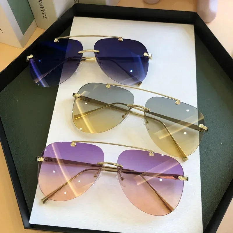 Vintage 2025 Rimless Aviator Sunglasses For Men Women Gradient Shades Black Brown
