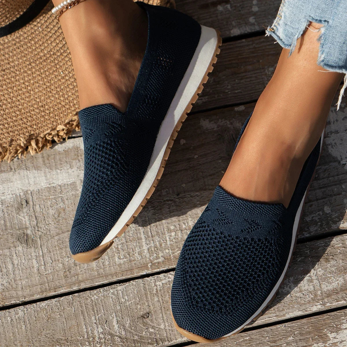Color Solid Casual Flats Slip-On Mesh Breathable Round Toe Shoes Women's