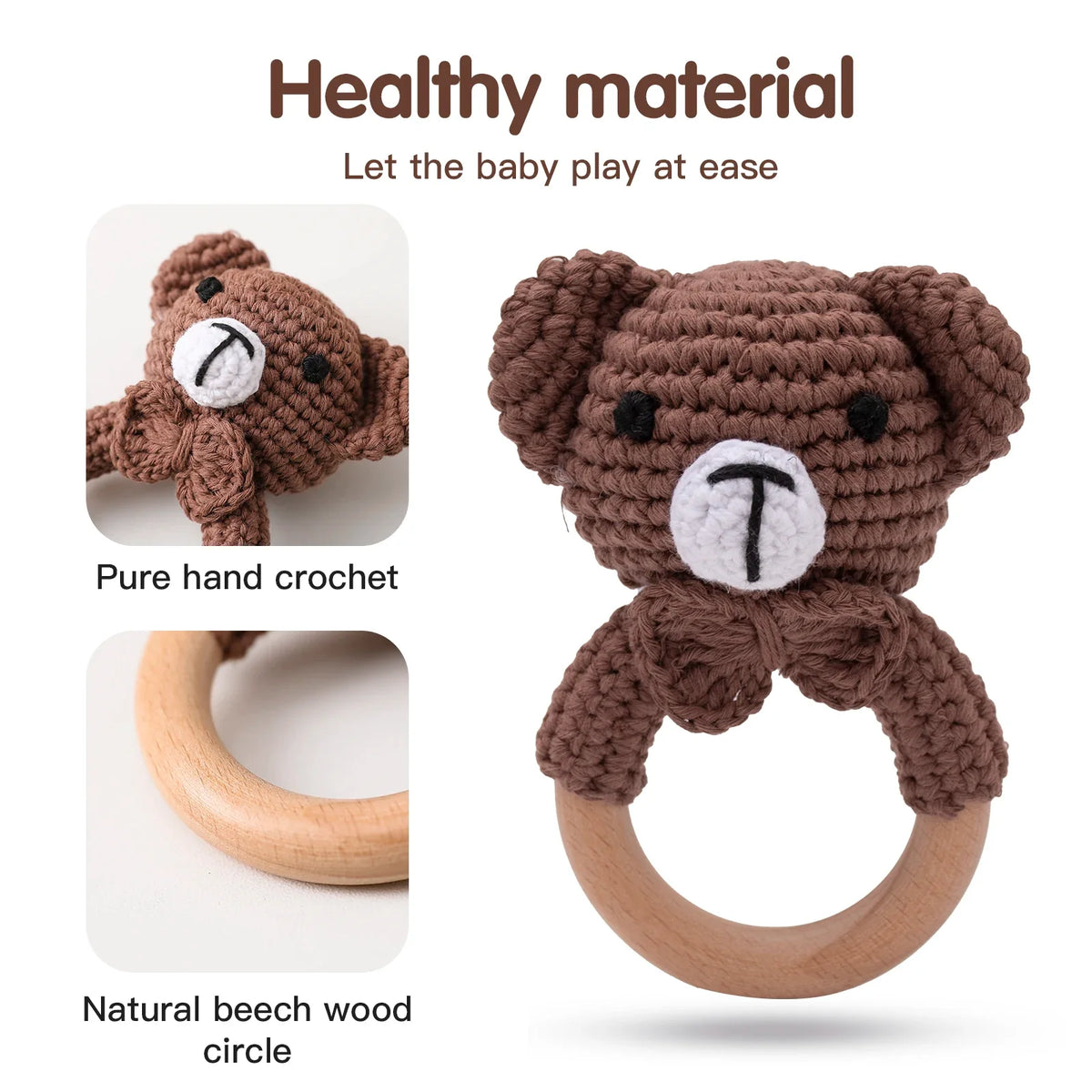 Crochet Wooden Animal Teether Rattle Newborn Sensory Toys