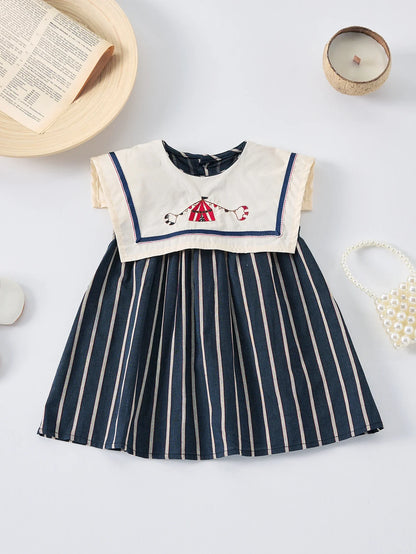 Light girls' dress - sailor collar, striped pleated skirt, cotton-elastane blend, summer casual
