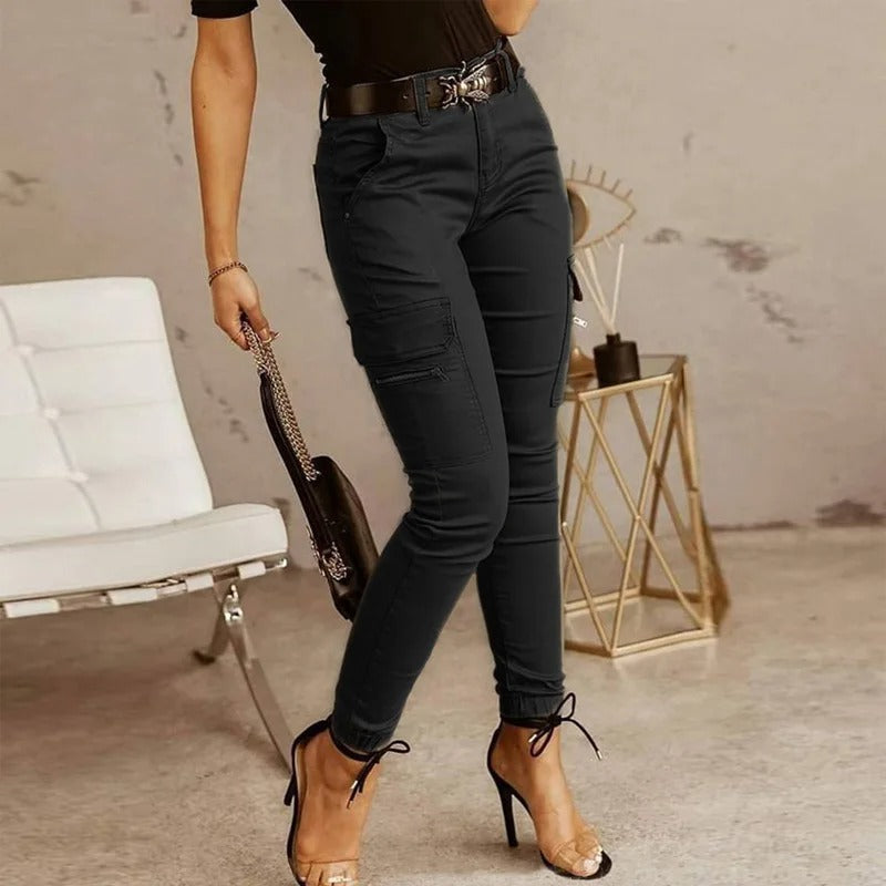 Stylish Women's Cargo Jeans with Pockets, Comfortable Stretch Fabric, Modern Fit, Available in Armed Green, Navy Blue, Gray-3