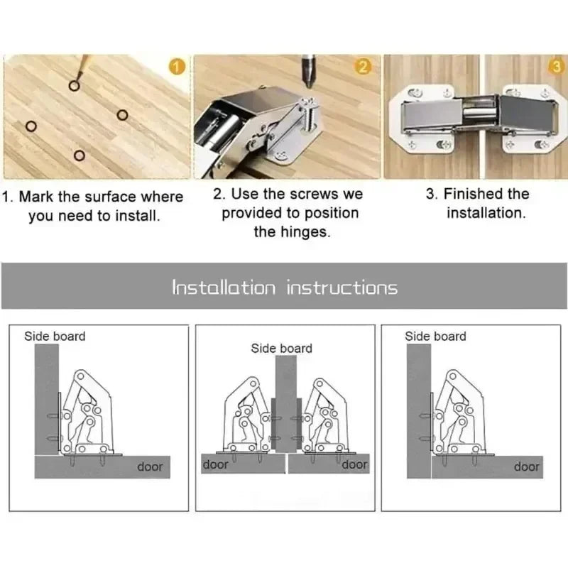 Steel Stainless Cabinet Hinges 90 Degree No-Drilling for Kitchen Furniture 10PCS