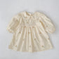 Plush, classic girls' dress - embroidered floral, Peter Pan collar, puff sleeves, cotton, for spring outings