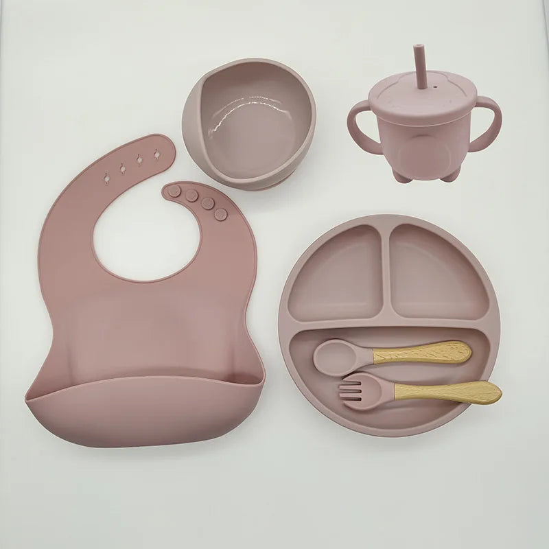 Baby Silicone Tableware Kit 8 Piece Suction Bowls Divided Plate Bib Spoon Fork Fall 2025 Self Feeding Aid
