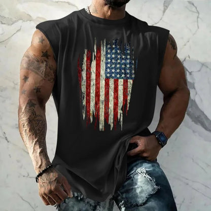 Men's Breathable Tank Top - Round-Neck, Sleeveless, 3D-Printed American Flag Heart Graphic, Casual Summer Wear