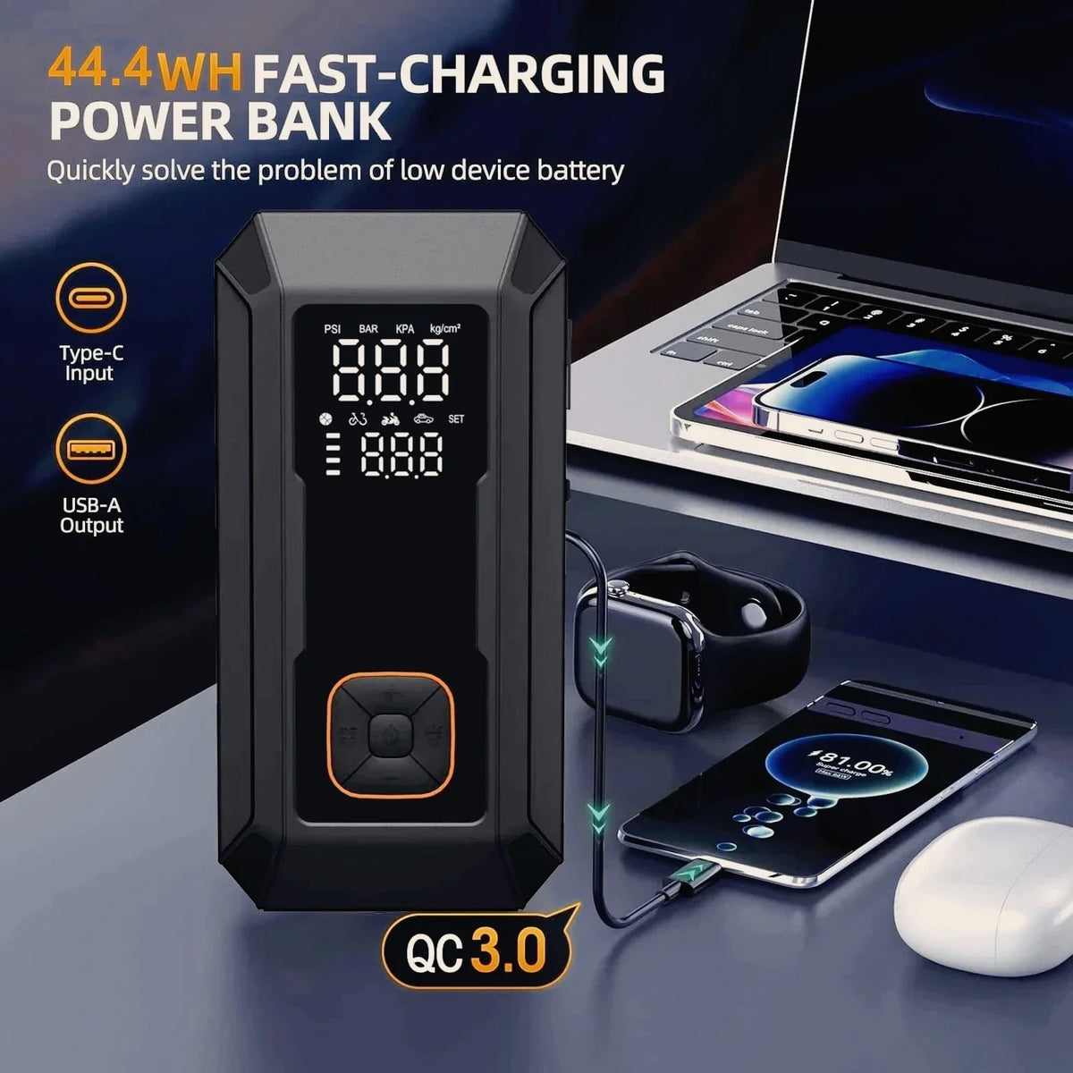 Car2025 Edition Jump Starter All-In-One Air Pump Tire Inflator Travel-Friendly Power Bank LED Light Fall