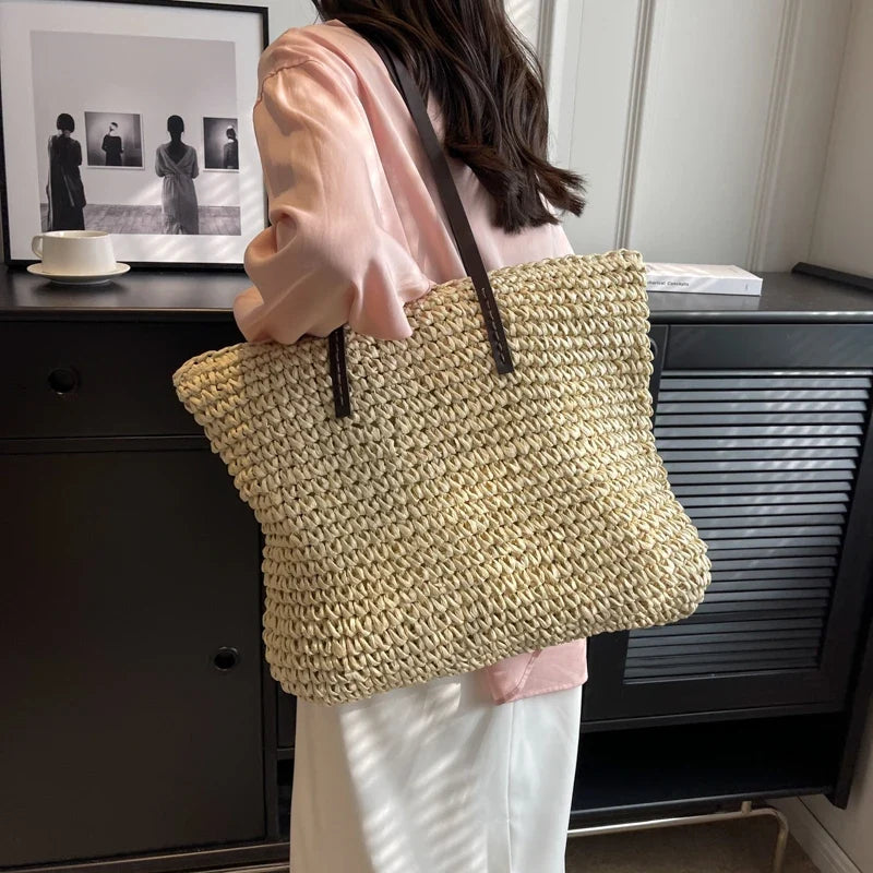 Straw Tote Bag Woven Beach Shoulder Bag Summer 2026 Large Capacity Carryall For Travel And Regular Use