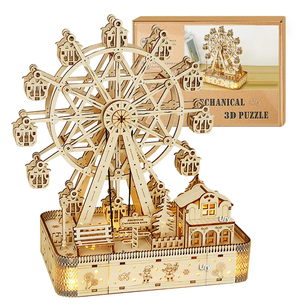 Wooden 3D Puzzle LED Rotating Ferris Wheel Model Kit Mechanical DIY Decor Holiday Gift 2025 Relaxing Build