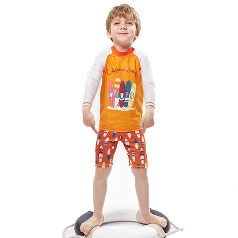 Fast-dry unisex kids' swimsuit set - long-sleeve top and shorts, polyester, for summer swimming