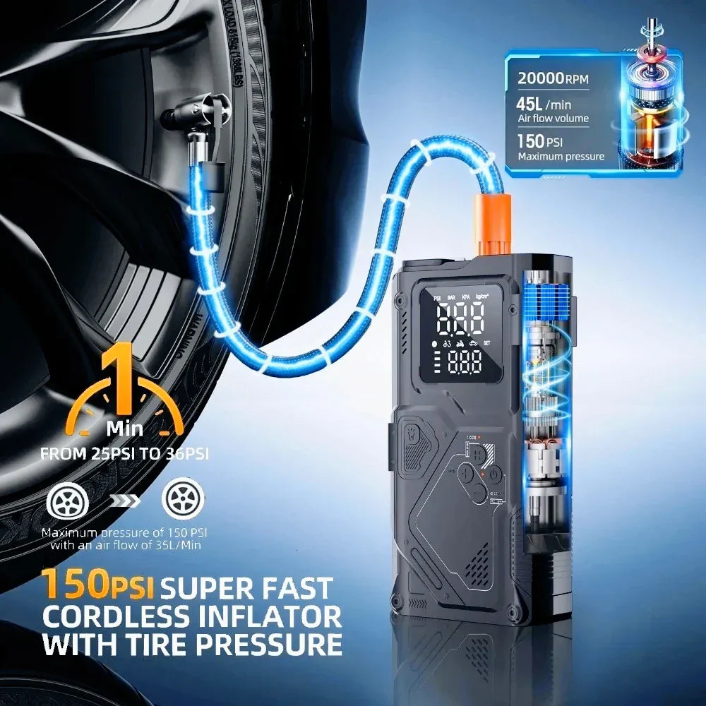 Starter Jump With Air Pump 6 In 1 Car Battery Booster 5000A Peak 150 PSI Tire Inflator 400LM LED Light Fall 2025 Prep