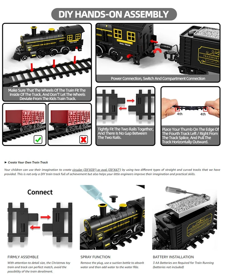 Retro Timeless Motor-Driven Train Kit for Kids - Long Track Steam Engine Toy with Lights and Sounds, Great New Year Gift