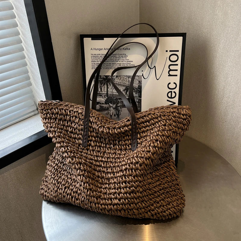 Straw Tote Bag Woven Beach Shoulder Bag Summer 2026 Large Capacity Carryall For Travel And Regular Use