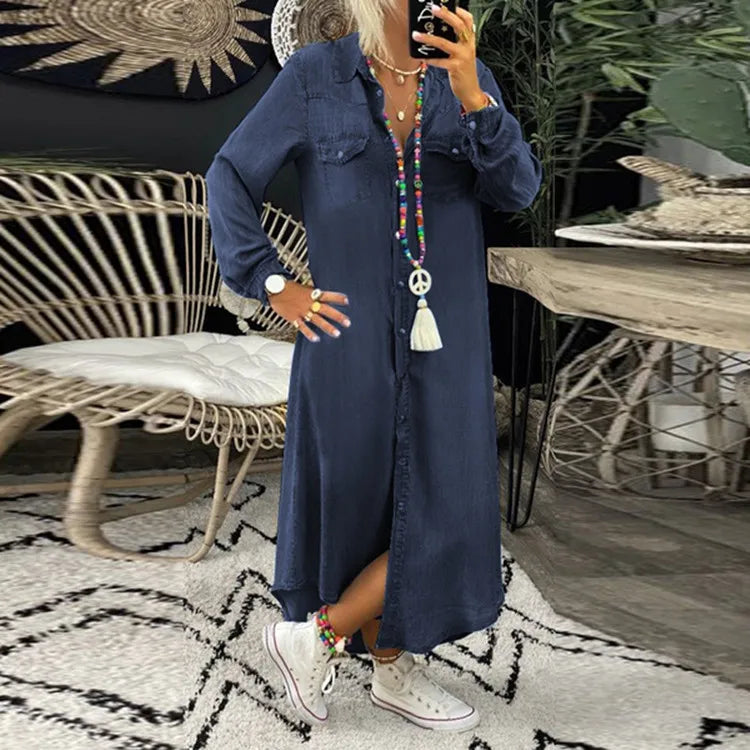 Jeans Shirt Dress Women Long Elegant Splice Dress with Turn Down Collar Summer Fashion