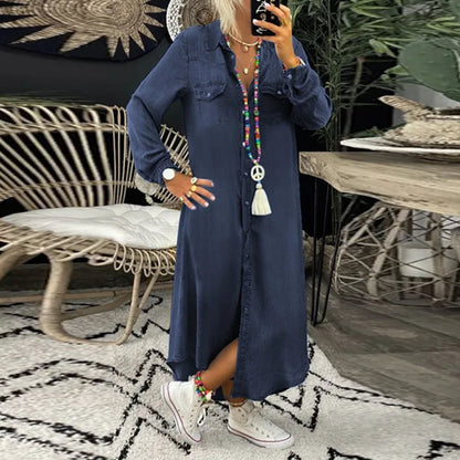 Jeans Shirt Dress Women Long Elegant Splice Dress with Turn Down Collar Summer Fashion