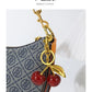 Cherry Red Keychain Bag Charm With Gold Leaf Lobster Clasp