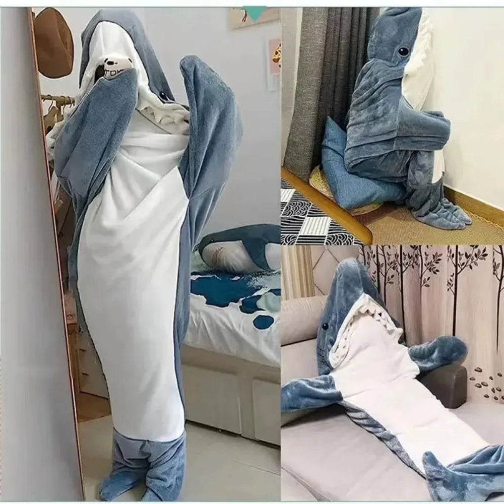 Shark Cartoon Flannel Sleeping Bag Pajamas - Hooded Cozy Animal Nightgown for Kids