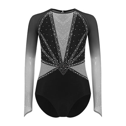 Girls' Stretchy Leotard - flattering, rhinestone-detailed, long-sleeve, mesh-panel, polyester elastane, for gymnastics