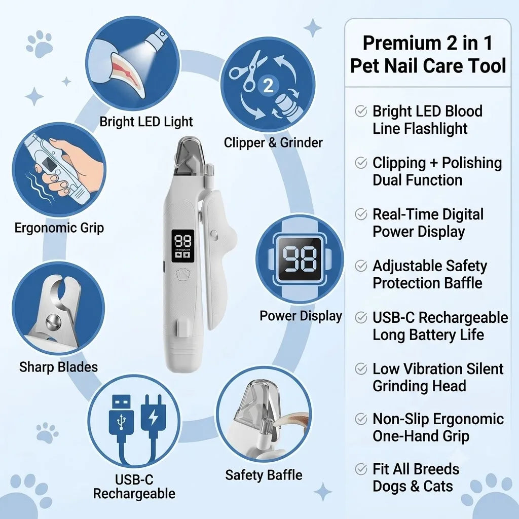 USB-C Battery-Powered Dog Cat Trimmer 2026 – 2-in-1 Pet Nail Clipper & Grinder with LED Blood Line Light
