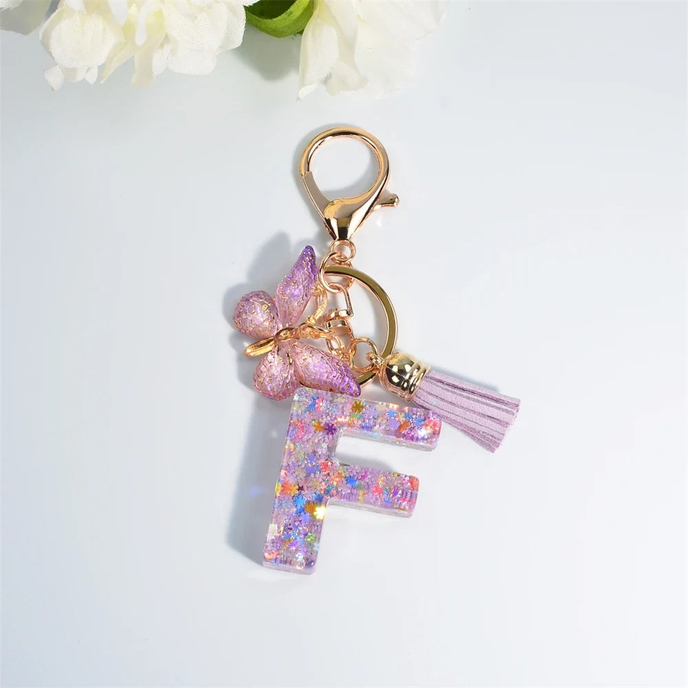 Letter Sequin Keychain With Butterfly Tassel Charm