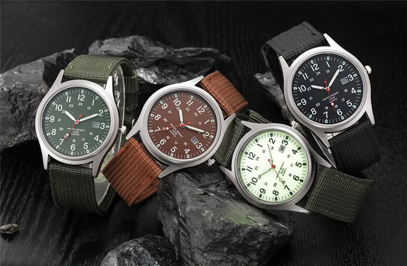Field Quartz Watch Nylon Strap Military Style Date Luminous