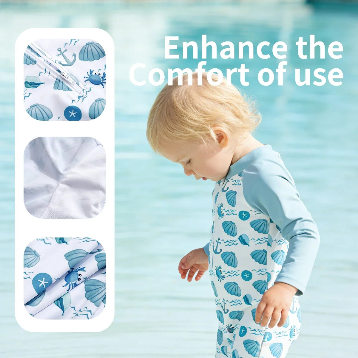 Plush Unisex Baby One-Piece Swimsuit - Zip-Front, Long-Sleeve, Print Pattern, Polyester, Summer Beachwear