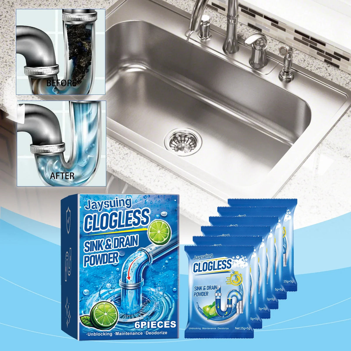 Drain2026 Edition Cleaner Powder - Sink and Drain Unclogging Kit, Deodorize, 6 Pieces, Spring Cleaning