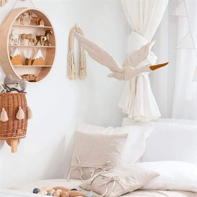 Swan Plush Wall Hanging Mobile Soothing Pillow Nursery Decor Fall 2025 Boho Kids Room Calming Accent