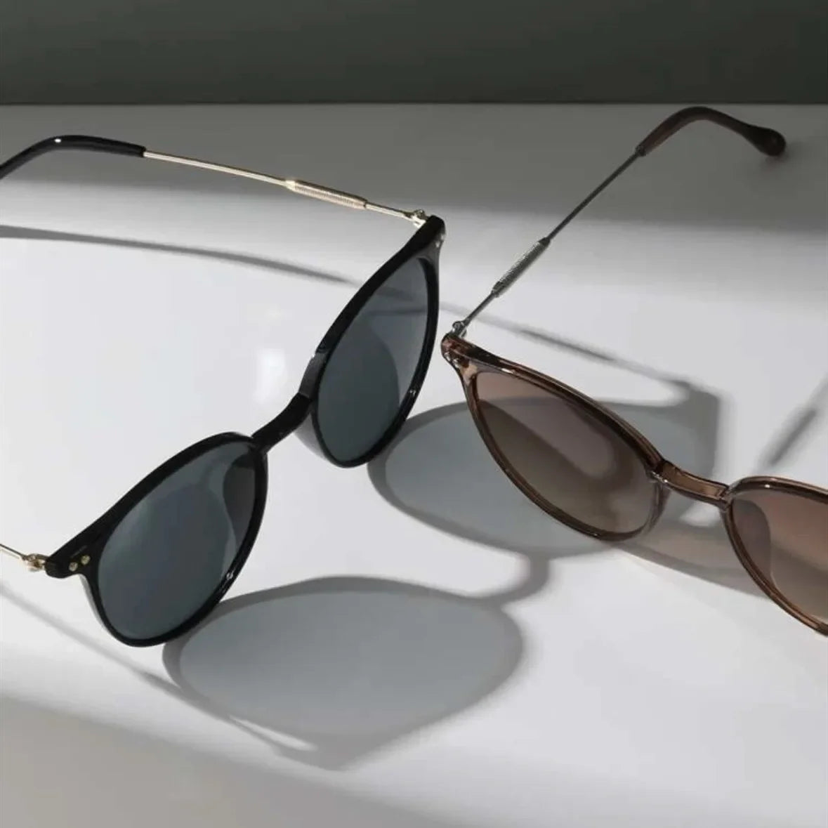 Compact Round Cat Eye Sunglasses Kit for Women and Men - Vintage Skinny Eyewear, 2 Pairs